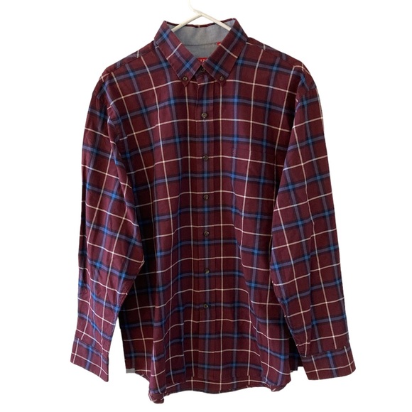 IZOD Button Shirt Mens Size Large Burgundy Blue Plaid Long Sleeve Collared - Picture 1 of 8